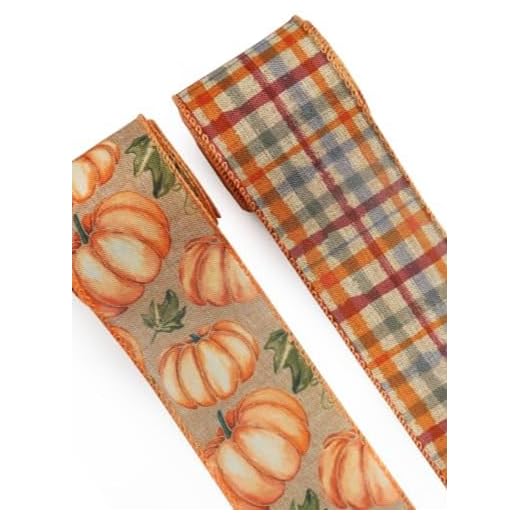 2 Rolls Fall Fabric Ribbons Thanksgiving Decor Ribbons Vintage Pumpkin Plaid Burlap Linen Ribbons for Thanksgiving Fall Party Hanging Decoration Gift Wrapping Indoor Outdoor Craft Supplies 5 Yards