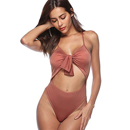 GOWE Damen Badeanzug - Einteilige Cut Out Bademode Rückenfrei Bikini Set Push up One Piece Swimwear, Dunkel Rosa/EU XS=Tag S
