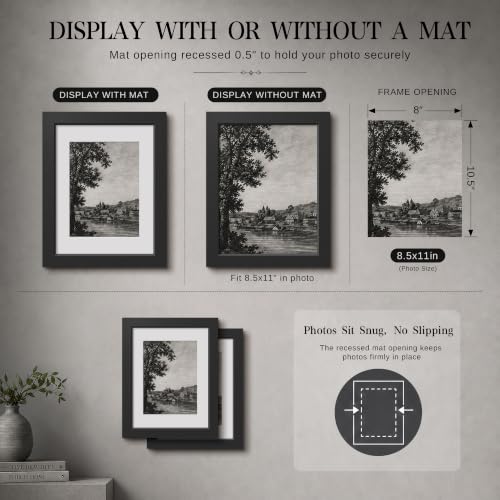 Image of VCK 8.5x11 Picture Frame with Real Glass, Black Wood Frame, 6x8 Mat, 2 Pack