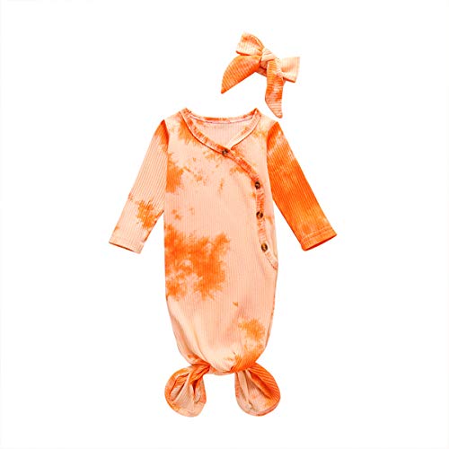 Unisex Newborn Nightgowns Knit Knotted Gown Comfort Long Sleeve Baby Gown and Hat,Infant Pajamas Sets,2 Piece Set (Tie Dye-Orange, 0-3 Months)