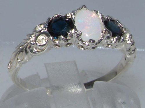 925 Sterling Silver Real Genuine Opal And Sapphire Womens Band Ring - Size 7 #TOP2