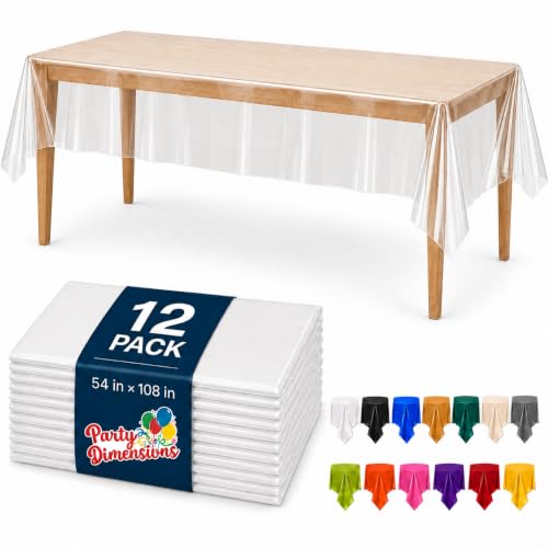 Image of Party Dimensions Clear Disposable Plastic Tablecloth for Rectangle Tables (12 Pack) Table Cloths for Parties, Events & Weddings, Indoors Outdoors, 54 x 108 inches, Plastic Table Cover