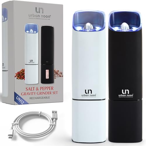 Gravity Electric Salt & Pepper Grinder Set - USB Rechargeable Salt & Pepper Grinders - Auto Seasoning Mills with Adjustable Coarseness & Light - Easy One Handed Use - Urban Noon (Black & White Matte)