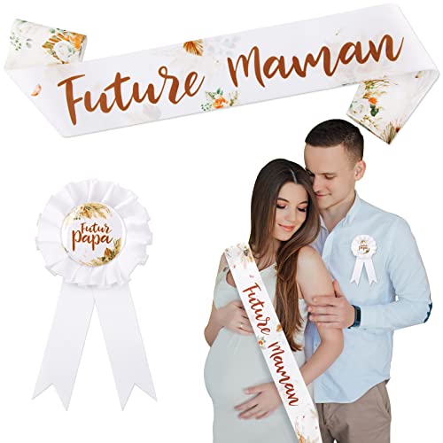 COLOFALLA Écharpe Future Maman + Épingle Futur Papa Décoration Baby Shower Fille ou Garçon Badge Evènement Cadeau Naissance Party Fête Prénatale Baptême Cover