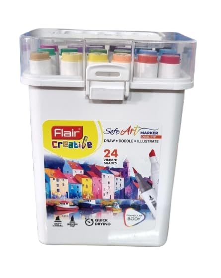 Image of FLAIR 24 Vibrant Shades Soft Art Marker Dual-Tip| Soft Chisel Point & Brush Tip Together| Triangular Body| Quick Drying| Draw Doodle Illustrate| Attractive Carry Case With Handle|,Multicolor