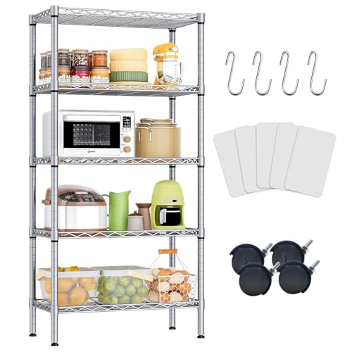 [Isyunen] 5 Tier Shelving Unit Adjustable Wire Shelves Organizer Shelf Rack Heavy Duty Storage Unit Black/Silver/White (Silver) by Isyunen - Used condition - CA$61.25