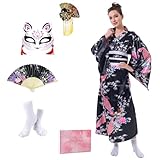 CRFASIBE Japanese Kimono Geisha Costume Asian Dress Cosplay Anime Peacock Costume Yukata Cardigan Robe for Women 5pcs(Black)