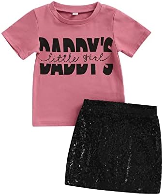 WYOUKID Toddler Girls 2Pcs Outfits Short Sleeve Daddy's Little Girl Letter Print T-Shirt Top+Shiny Sequins Skirt (Pink Black, 5-6T), WYOUKID-Baby-20