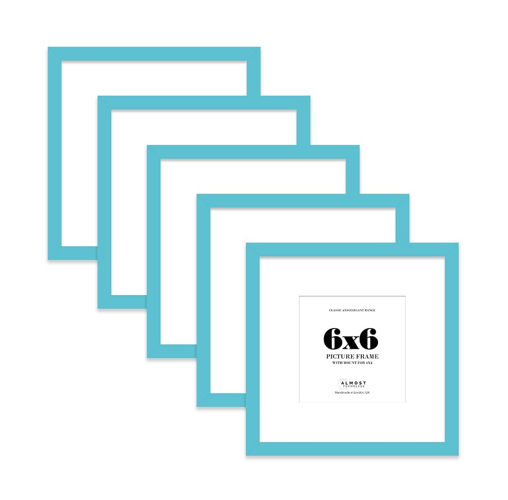 6x6 Turquoise Picture Frame with Mount for 4x4 Photos, Prints - Modern Square Wall Frame, Set of 5
