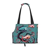 Bolsa de hombro portátil para mascotas con estampado de peces y pulpos, bolsa plegable para mascotas de 13.4 x 6.1 x 10.2 pulgadas para metro/compras/senderismo