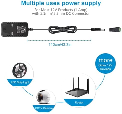12V 1A LED Strip Power Supply 12W Power Adapter 100-240V AC to 12V DC 1Amp 12Watt Wall Plug LED Transformer with 5.5 X 2.1mm Female Jack Connector for 12V 3528/5050 LED Strip Light CCTV Camera