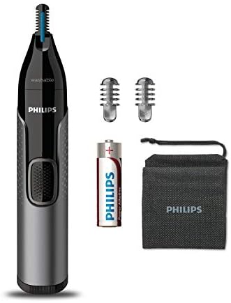 PHILIPS Nose Trimmer Nt3650/16,Cordless Nose,Ear&Eyebrow Trimmer With Protective Guard System,Fully Washable,Including Aa Battery,2 Eyebrow Combs,Pouch (Gray), Unisex