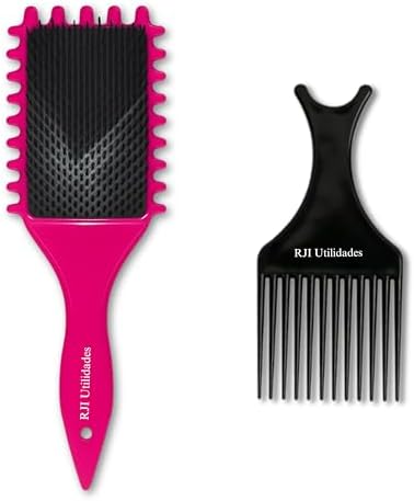 Kit Escova Cabelo Fitagem Ondas com Fendas Laterais + Pente Garfo Afro Black Volume e Definição – Cabelos Cacheados, Crespos e em Transição – RJI Utilidades