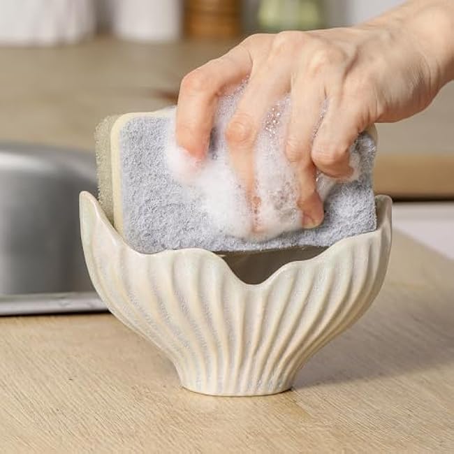 Sponge Holder for Kitchen Sink, Ceramic Dish Sponge Holder with Fishtail Design, Sink Caddy Organizer for Countertop, Farmhouse Kitchen Decor, Compact Sinks Caddy Dish Sponge Holders(White)