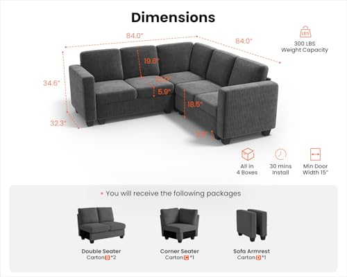 Image of CHIC HOUSE Modular Corner Sectional Sofa with Storage, Corduroy L-Shaped Couch, Compact Small Space Furniture for Living Room & Apartment (Dark Grey, 5 Seater L-Shaped)