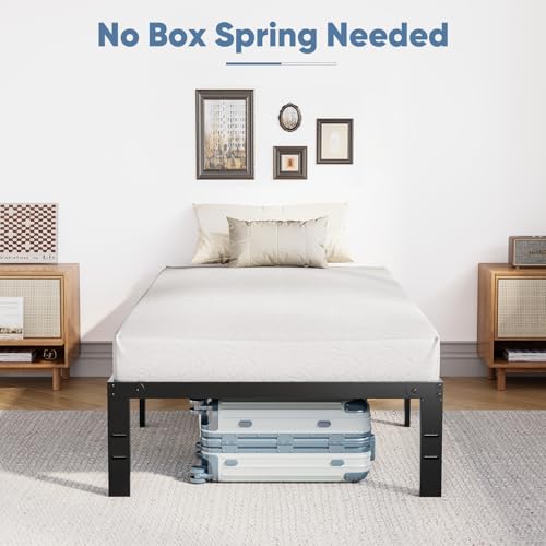 Image of Sweetcrispy Twin Bed Frame - Heavy Duty Metal Platform Bed Frames Twin Size with Storage Space Under Frame, No Box Spring Needed, 14 Inches, Sturdy Steel Slat Support