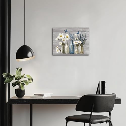 fengyuyi Rustic Flower Canvas Wall Art Bathroom Picture Wall Decor White Daisy Blue Lavender Butterfly Painting Prints for Living Room Bedroom Bathroom Decor 12x16inch - Image 6