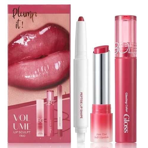 Jutqut 3PCS Lip Combo Set Matte Lip Liner Pencil Hydrating Tint Lipstick & Shine Gloss Non-Sticky Long-Lasting Plumping Lip Makeup Kit for Women Volume Sculpt Trio 01