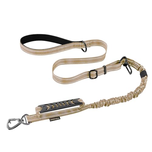 AUBELL Tactical Dog Leash Heavy Duty,4-6ft Reflective Strong No Pull Bungee Leash for Medium Large Dogs with Comfortable Padded Double Handle,Car Seat Belt,360 Degree Rotating Carabiner,Brown