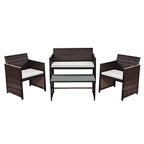 Image of Carry Bird 4 Piece PE Wicker Rattan Outdoor Furniture | 4 Seater Balcony Sofa With Tea Table | Set of 2+1+1 Outdoor Patio Chairs with Coffee Table | Sofa Sets & Center Table for Home & Garden | 3 Piece Patio Stools with Table | Indoor Patio Furniture Set Space Saving | Rattan Chair | Patio Set | Wicker Conversation Set | Poolside Lawn Arm Chairs Set For Balcony & Terrace | Balcony Table chair Set | Hotel Patio Seating Chair & Table Set with Glass | Brown Sofa Cream Cushion