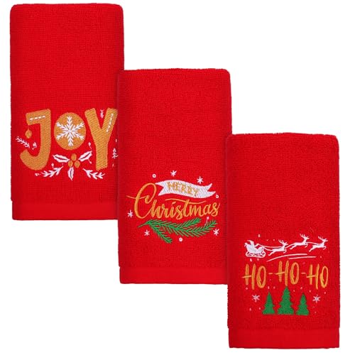 MCEAST 3 Pack Large Size Christmas Hand Towels 25 x 14 Inch Christmas Kitchen Towel 100% Cotton Towels Decorative Embroidery Holiday Towels for Bathroom Kitchen Dining Room, Red