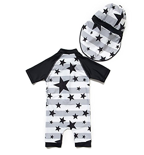 BONVERANO Kids UPF 50+ Sun Protection S/S One Piece Zip Sunsuit with Sun Cap(12-18 Months, Star)