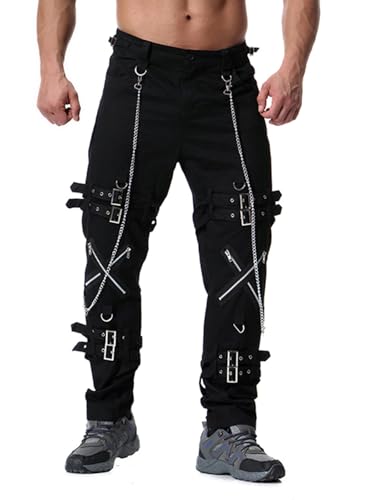 Idopy Pantalones steampunk góticos de hip hop para hombre, para fiesta, cosplay, punk rock, ropa urbana con cadena, Negro, M