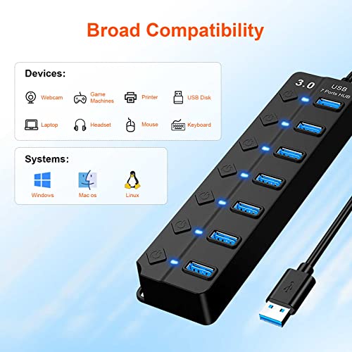 RUIZHI USB HUB,USB 3.0 Hub mit 7 Port,USB Leiste,USB Hub Aktiv 3.0 mit Netzteil und LED-Anzeige,USB Hub Aktiv 3.0 mit individuellen EIN-/Ausschaltern für MacBook,Laptop,PC,USB und weitere Geräte