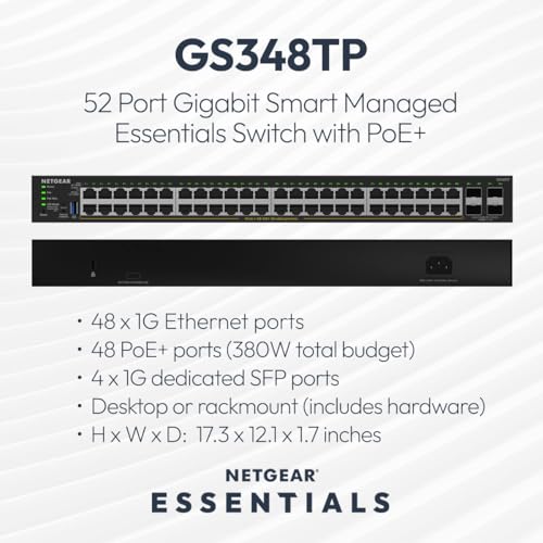 Image of NETGEAR S350 Series 52-Port Gigabit Ethernet PoE+ Smart Managed Essentials Switch - 48 x 1G PoE+ @ 380W, 4 x 1G Dedicated SFP - Desktop or Rackmount (GS348TPv2)