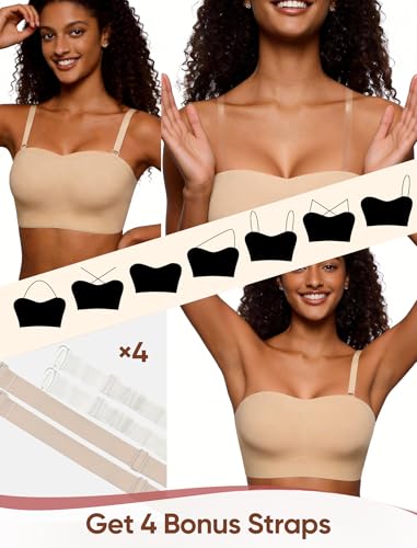 Easybunny Strapless Bra for Women Non-Slip Silicone Bandeau Invisible Under Dresses Tube Top Convertible Bralettes Black XL — view 5
