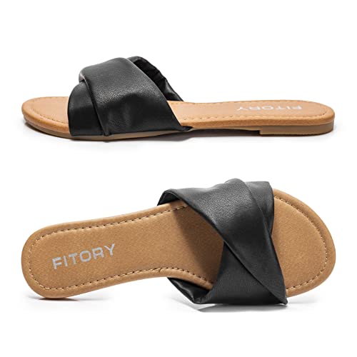 Image of FITORY Women's Flat Sandals Fashion Slides With Soft Leather Slippers for Summer Size 6-11