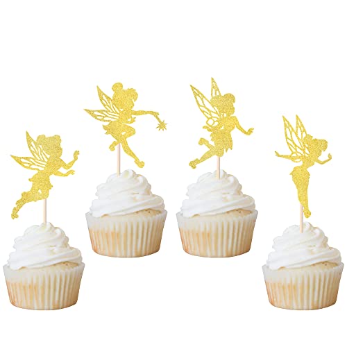 Xsstarmi 24 PCS Fairy Cupcake Toppers Glitter Angel Ballet Dancer Cupcake Picks Flower Fairy Cake Decorations for Baby Shower Girl Birthday Wedding Party Supplies Gold