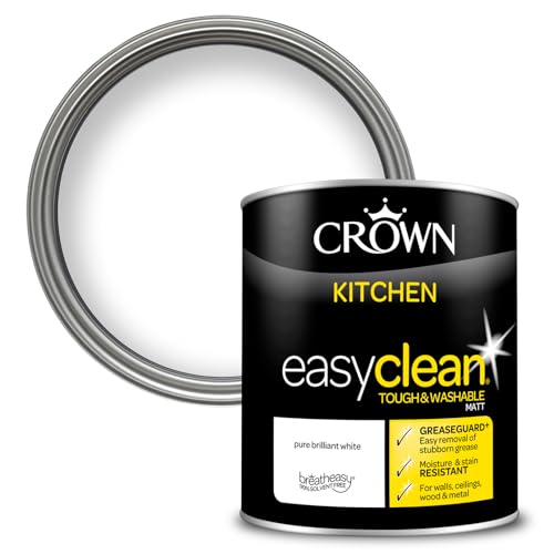 Crown EASYCLEAN Pure Brilliant White Kitchen Paint - Matt Wall Paint 1L