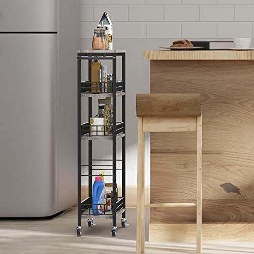 4 Tier Slim Storage Cart Narrow Laundry Cart On Wheels Utility Kitchen Rolling Cart With Wood Tabletop Mobile Shelving Unit Bathroom Storage Organizer Slide Out Rolling Tower For Narrow Spaces #TOP4
