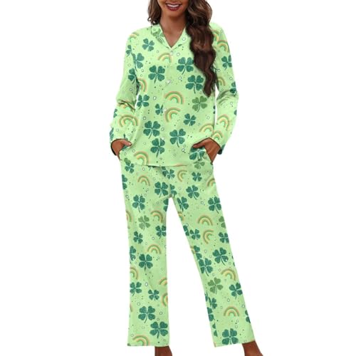 Sellikakes Green Lucky Leaf Women's Pajamas Sets St. Patrick's Day 2 Piece Soft Comfortable Long Sleeve Sleepwear Button Down Pjs Lounge Set Casual Nightwear Fall Pjs Sets