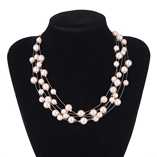Layered Pearl Necklace Multi-Strand Pearl Choker Necklaces For Women Beaded Jewelry For Wedding Parties(Pink) #TOP4