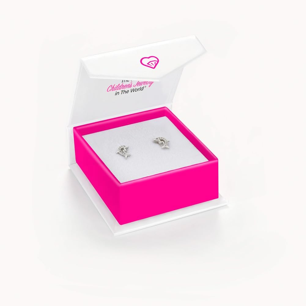925 Sterling Silver Nautical Clear Cubic Zirconia Dolphin Screw Back Earrings for Little Girls, Pre-teens and Teens 9mm - Glittering Marine Life Jewelry for Young Girls