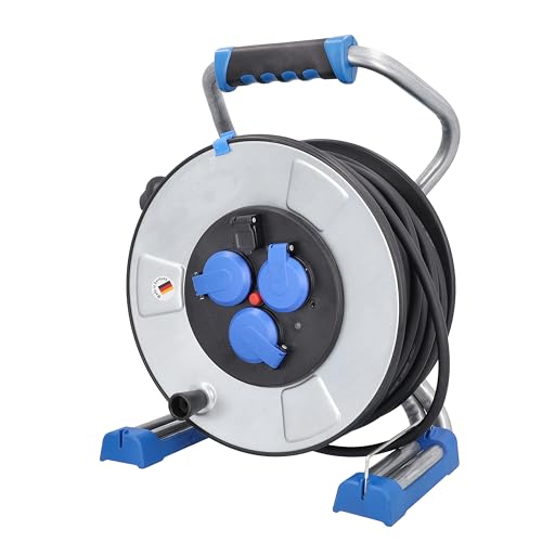 as - Schwabe Xperts Doppelrohr Metallkabeltrommel 50 m H07RN-F 3G1,5, IronCoat Schutzisolierung, 3 Schutzkontaktsteckdosen mit Klappdeckel, USB Port, Spannungsanzeige, IP44, Made in Germany, 23321