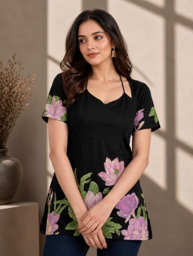 Image of Women's Floral Laila Cut Short Kurti Cotton V-Neck with Lining, Lightweight Short Sleeve Tunic, Breathable, Casual & Office Wear