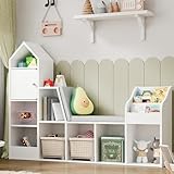 Halitaa Kids Reading Nook with Bench - Bookshelf & Bookcase with Seat Cushion, 7 Opening Storage Cubbies, 4-Tier File Organizers, Toy Storage Box and Chest for Playroom, Bedroom, School