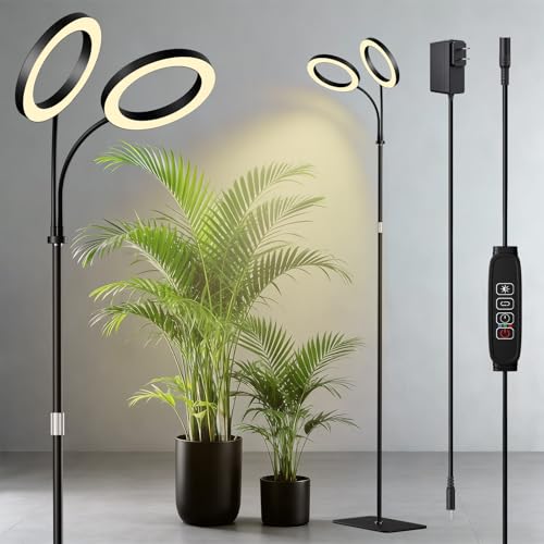 2 Head Grow Light for Indoor Plants,Full Spectrum LED Halo Plant Lights with Stand, Floor Standing Growing Lamp with Adjustable Height,Auto Timer,Dimmable Brightness for Tall Large Plant