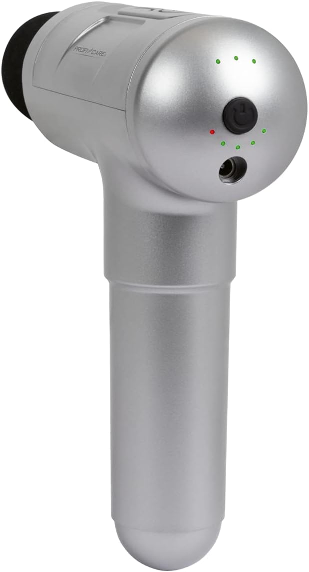 Back view of ProfiCare PC-MP 3087 Massage Gun showing charging port and LED indicators