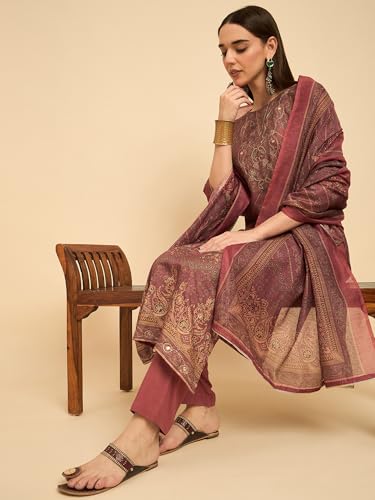 Image of SheWill Kurta Sets for Women - Red Rayon Aari Hand Work with Digital Floral Print Kurta with Pant and Chanderi Dupatta |Stylish Printed Summer Kurti Set