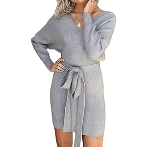 Imuedaen Trui-jurk voor dames, V-hals, elegante gebreide jurk, lange mouwen, pullover, tuniek, jurk met riem, voor herfst en winter