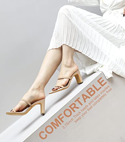 Leevar Square Toe Heels Sandals - Nude Heels Chunky Two Strap Low Heels For Women Leather Mule Sandals Slip On Block Heels For Party Dating Daily Standard Size 2.75 Inch #TOP5