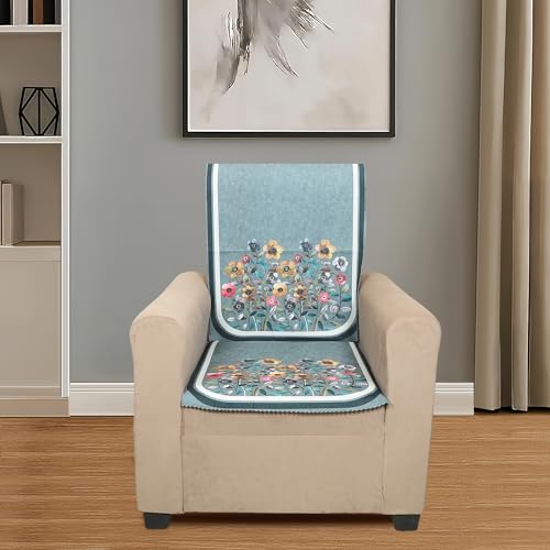 Image of Velvet Single Seater Sofa Cover with 2 Seat and Back Covers - Floral Design - Washable Fabric - Stylish Sofa Cover for Modern Living Room (Green, 1 Seater Without Arm Cover)