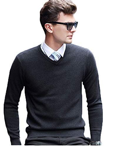 Flygo Mens Classic Slim V-Neck Wool Pullover Cashmere Sweaters