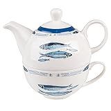 Clayre & Eef Tea for One 400 ml Weiß Blau Porzellan Fische Teekannen Set Teeset Teekanne mit Teetasse