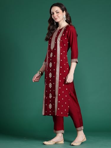 Image of INDO ERA Women's Straight Silk Blend Ethnic Motifs Embroidered Kurta & Pant with Dupatta Set (KH9MR10449)