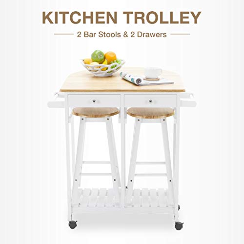 mecor Drop Leaf Cart, 3PCS Wood Kitchen Rolling Casters with 2 Stools and 2 Drawers White